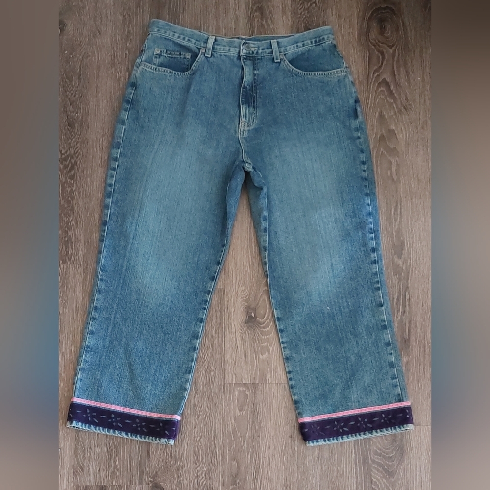 New York & Company Denim Blue Jeans Size 16 Embellished Velvet Trim 100% Cotton